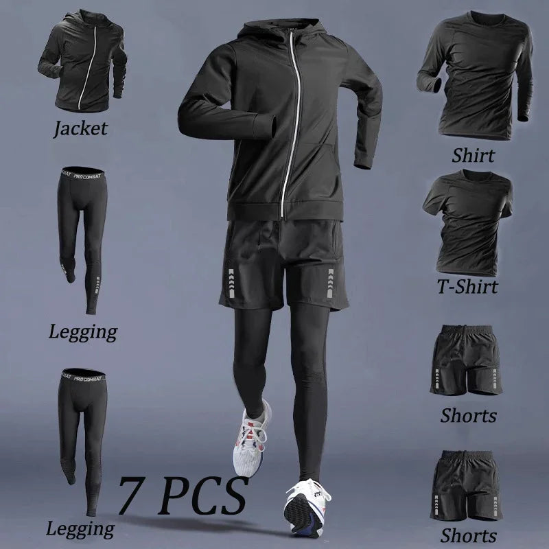 Autumn 5-7 Pcs Men’s Sports Suit Running Training Wear Quick Dry Fitness Cycling Sportswear Outwear - Black 7 PCS / M