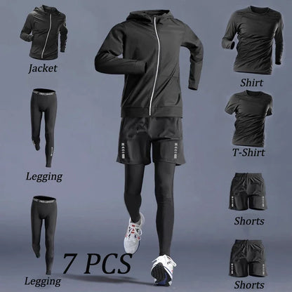Autumn 5-7 Pcs Men’s Sports Suit Running Training Wear Quick Dry Fitness Cycling Sportswear Outwear - Black 7 PCS / M