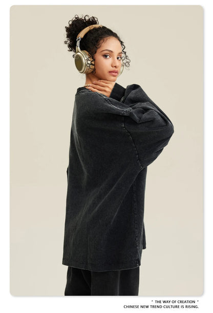 ZODF Retro 2025 Men Autumn Batik Washed T Shirt Unisex Oversized Basic Long Sleeve Solid 270gsm Cotton T-Shirts Tees HY0641