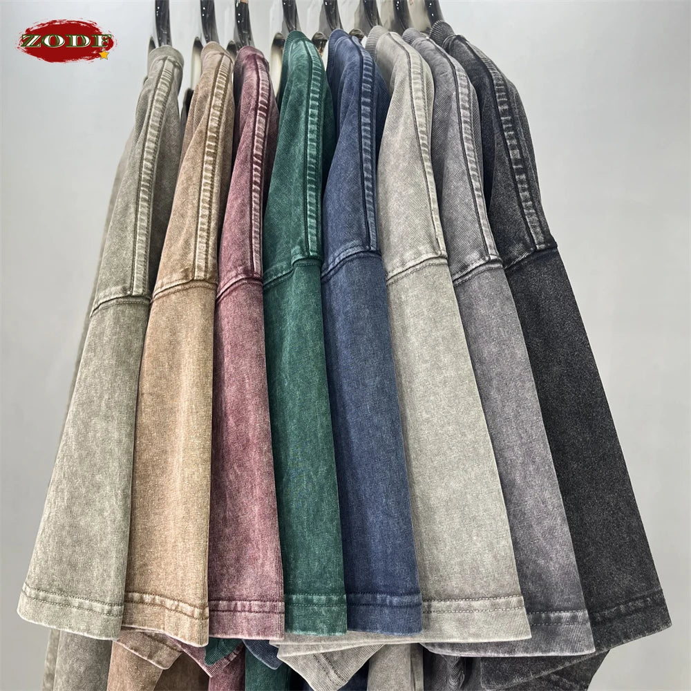 ZODF New Hip Hop Washed Cotton Boxy T-Shirts For Men Unisex Retro Loose Fit Basic Short Version T Shirt Brand Tops HY1076