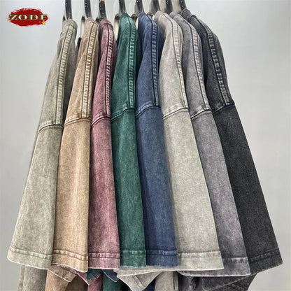 ZODF New Hip Hop Washed Cotton Boxy T-Shirts For Men Unisex Retro Loose Fit Basic Short Version T Shirt Brand Tops HY1076