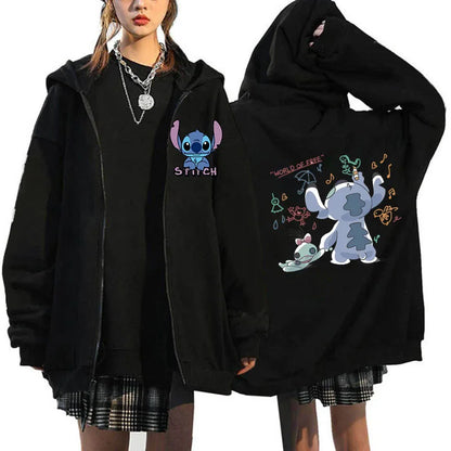 Women's Oversized Zipper Hoodie MINISO Luxury Brand Disney Lilo and Stitch Couple Hooded Sweatshirt Autumn and Winter Warm Jacke