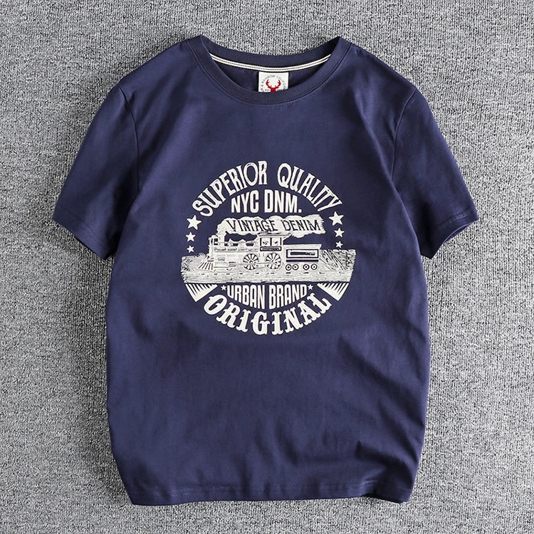 Summer American Retro Short-sleeved O-neck Locomotive Printed T-shirt Men's Fashion Simple 100% Cotton Washed Casual Sport Tops