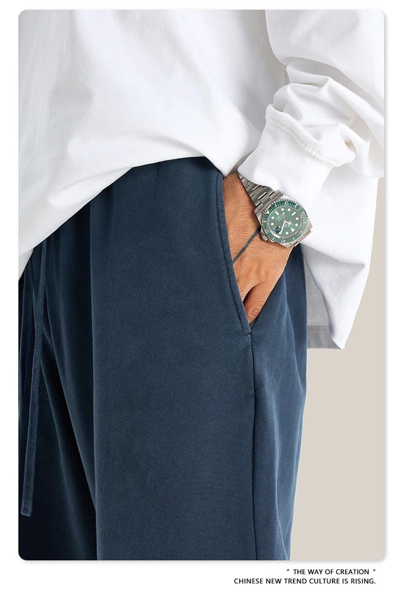 ZODF Retro Men Autumn Washed 380gsm Cotton Unisex High Street Oversized Solid Sport Straight Pants HY0885