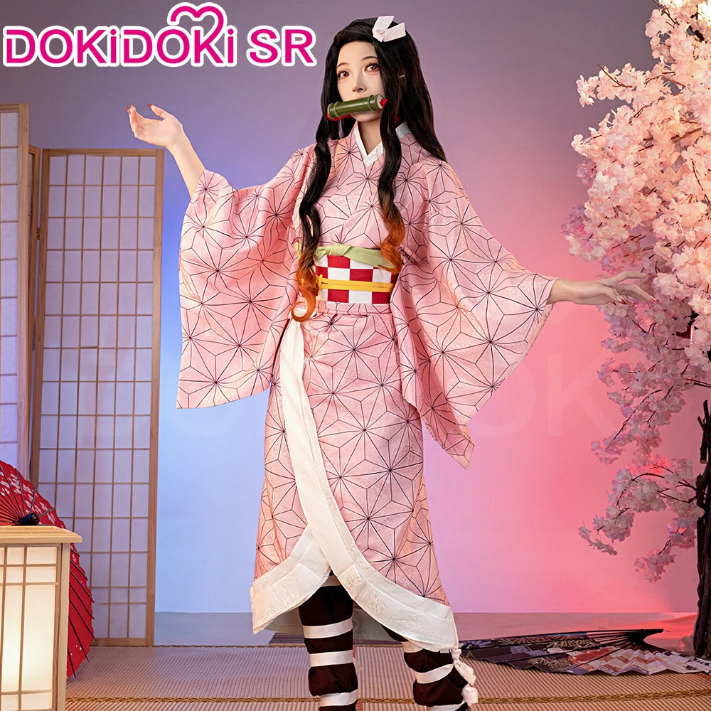 IN STOCK Kamadoo Nezukoo Cosplay Costume Anime DokiDoki-SR Women Pink Kimono Nezukoo Halloween Cosplay Wig Props