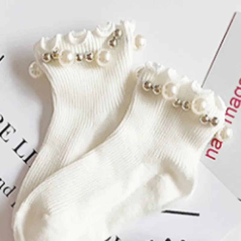 Kids Socks Spring Summer Cotton Girls Socks Ruffle Cute Pearl Children Socks White Black Pink Little Girl Clothing Accessories