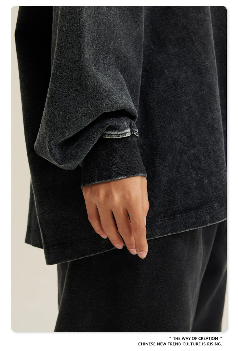 ZODF Retro 2025 Men Autumn Batik Washed T Shirt Unisex Oversized Basic Long Sleeve Solid 270gsm Cotton T-Shirts Tees HY0641