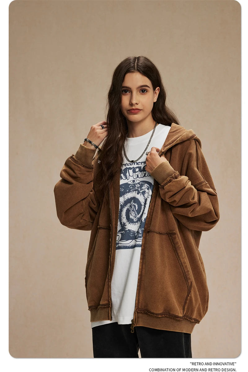 ZODF Retro Men's Heavyweight 450gsm Zipper Hoodies Unisex Loose Distressed Washed Batik Knitted Hooded Coat Jacket HY0889