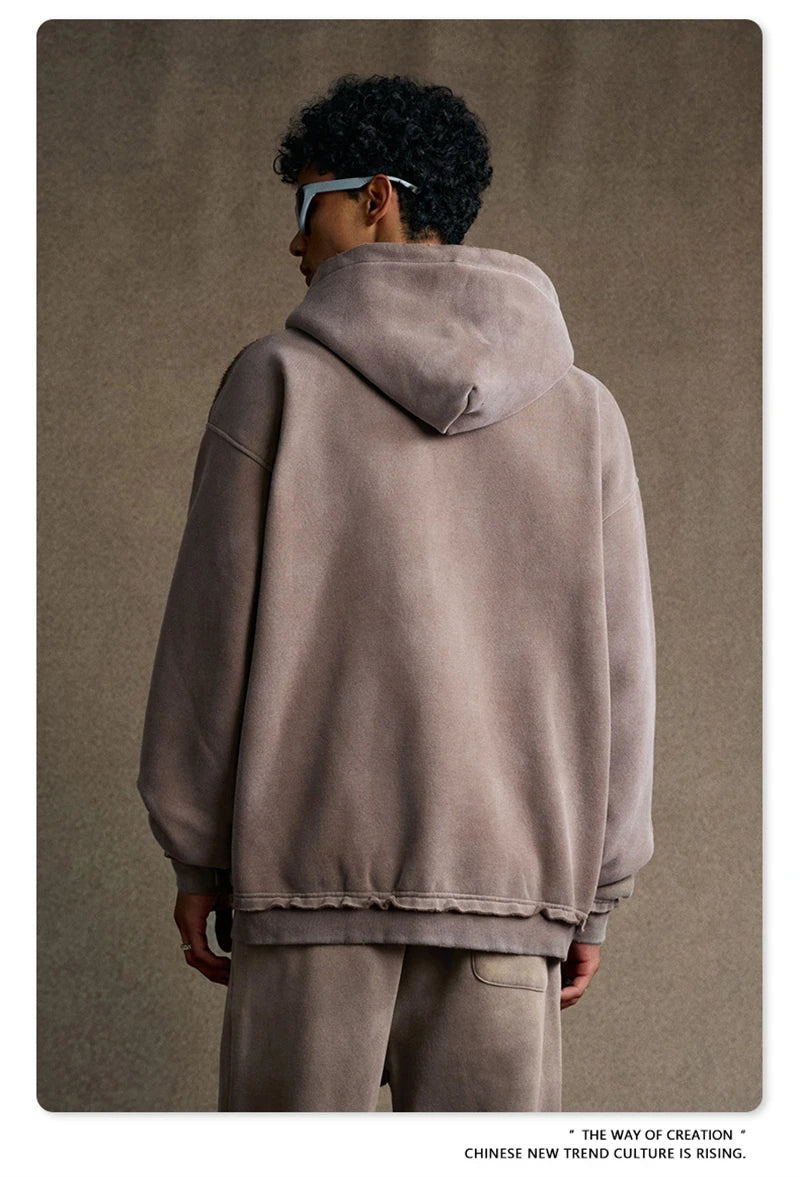 ZODF Retro Winter Men 400gsm Monkey Washed Zipper Hoodie Unisex High Street Loose Edge Ripped Distressed Hooded Pullovers HY1117