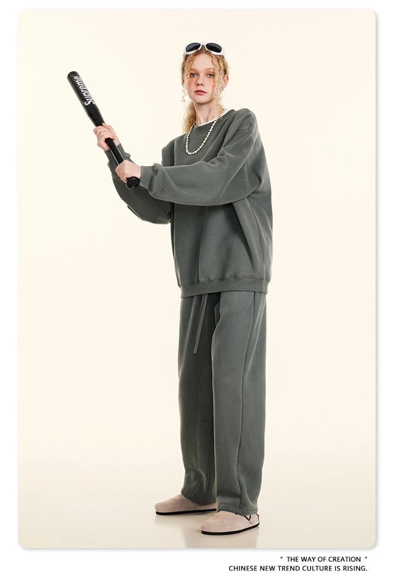 ZODF 2024 Winter Men 345gsm Fleece Sweatshirts Unisex Women Casual Loose Warm Solid O-Neck Pullovers Streetwears HY0865