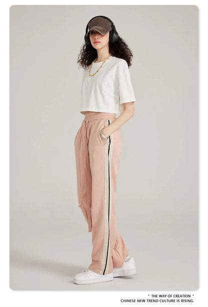 ZODF Spring Summer 275GSM Basic Side Webbing Trousers For Men Unisex American Retro Casual Sports Straight Pants HY0540