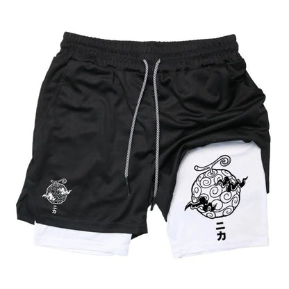 One Piece Nika Anime Men Gym Shorts Streetwear Casual Double-layer Sports Pants Graphic Print Elastic Waist Summer Sportswear