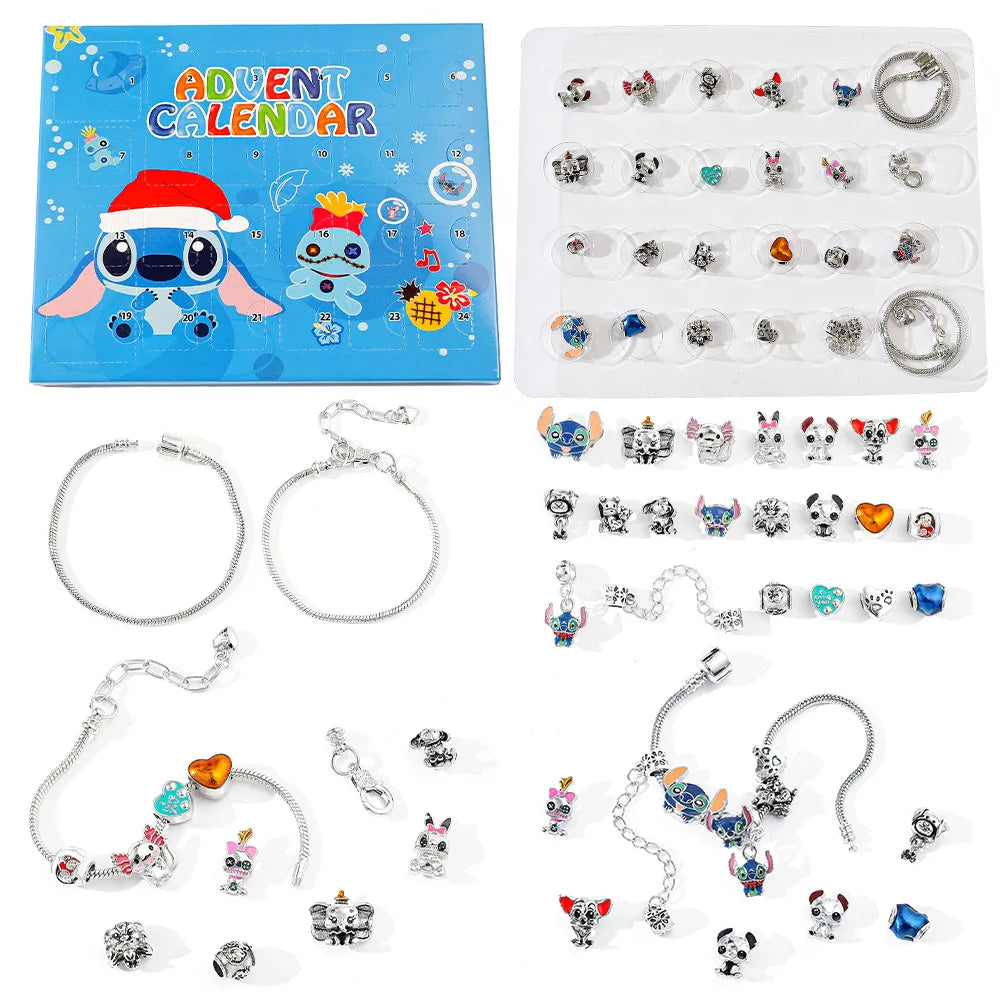 New Disney Stitch  24-Grid Christmas Countdown Calendar Blind Box - Alloy Bracelet Gift Set For Halloween & Xmas