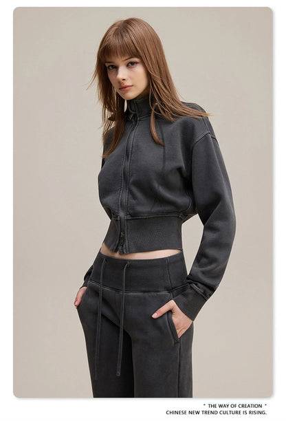 ZODF Vintage 2025 Winter Batik Washed Crop Hoodies Female Girls Remove Hood Heavy Weight Sport 400gsm Hooded Coat HY1085