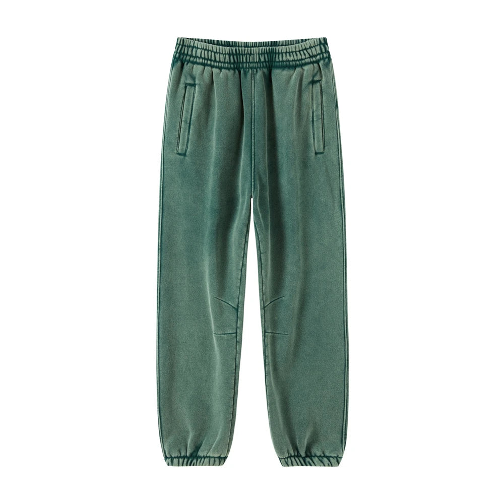 ZODF Retro Winter 360gsm Batik Washed Fleece Sweatpants Unisex Loose Drawstring Warm Joggers HY0714 - green / S / China