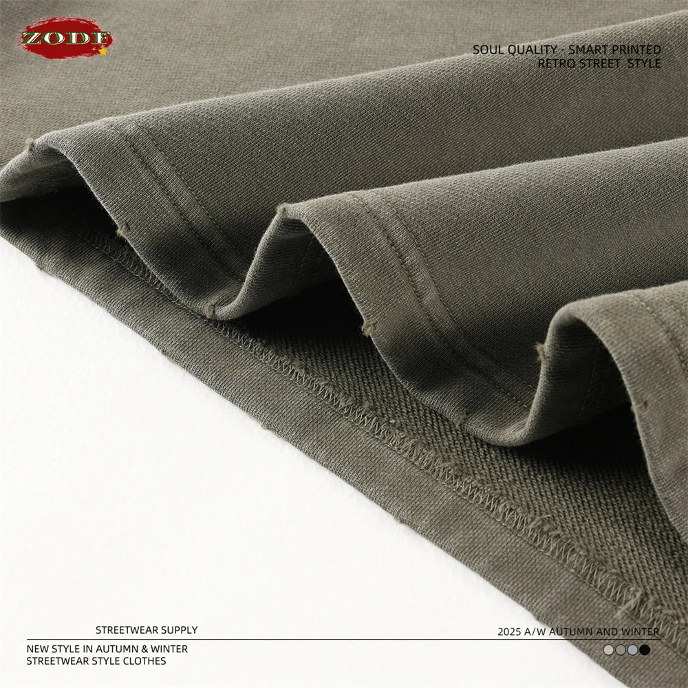 ZODF Retro Heavy Weight 400gsm Washed Cotton T-Shirts For Man Unisex Full Sleeve Turn Down Collar T Shirt Brand Tops HY1087