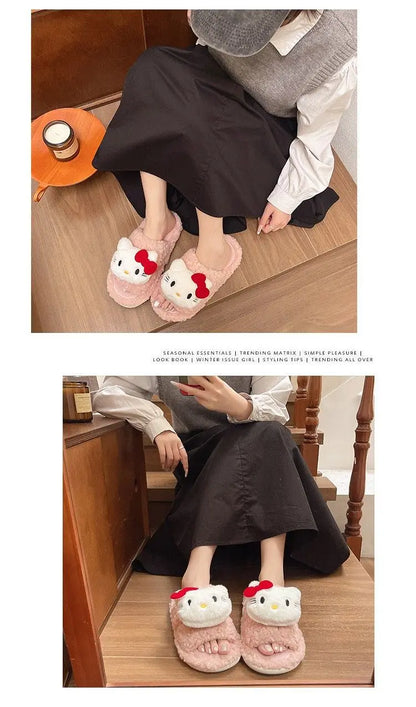 New Sanrio Sweet Hello Kitty Warm Cotton Slippers For Student Dormitory Comfortable One Word Hairy Adult Cotton Slippers