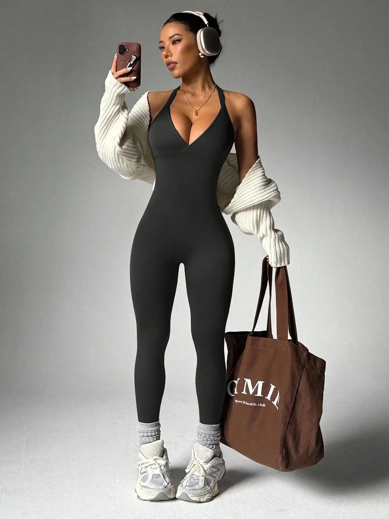 Women’s Seamless Elastic Vest-Style Sports Jumpsuit with Pocket - Solid Color