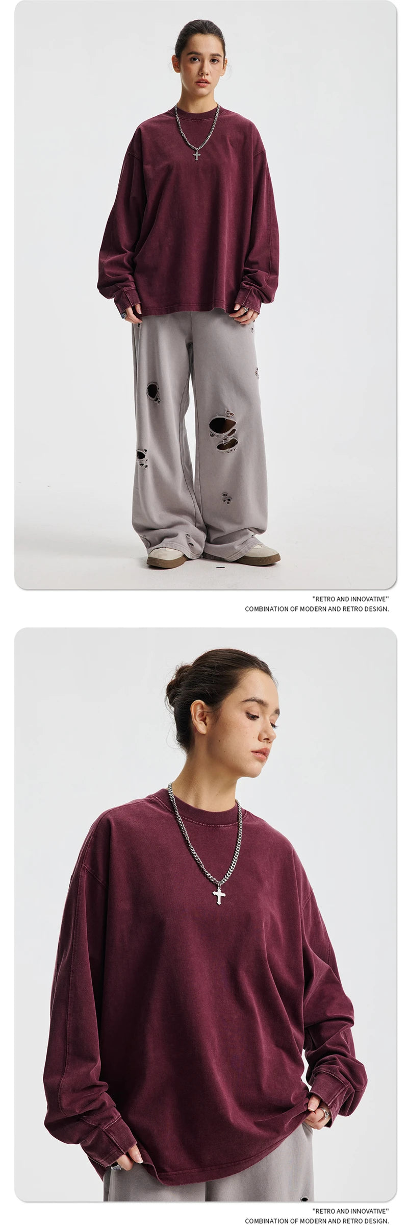 ZODF Retro 285gsm Batik Washed Cotton Man's T-Shirts Unisex Solid Loose Distressed Patchwork Full Sleeve Tee Shirt Tops HY1161