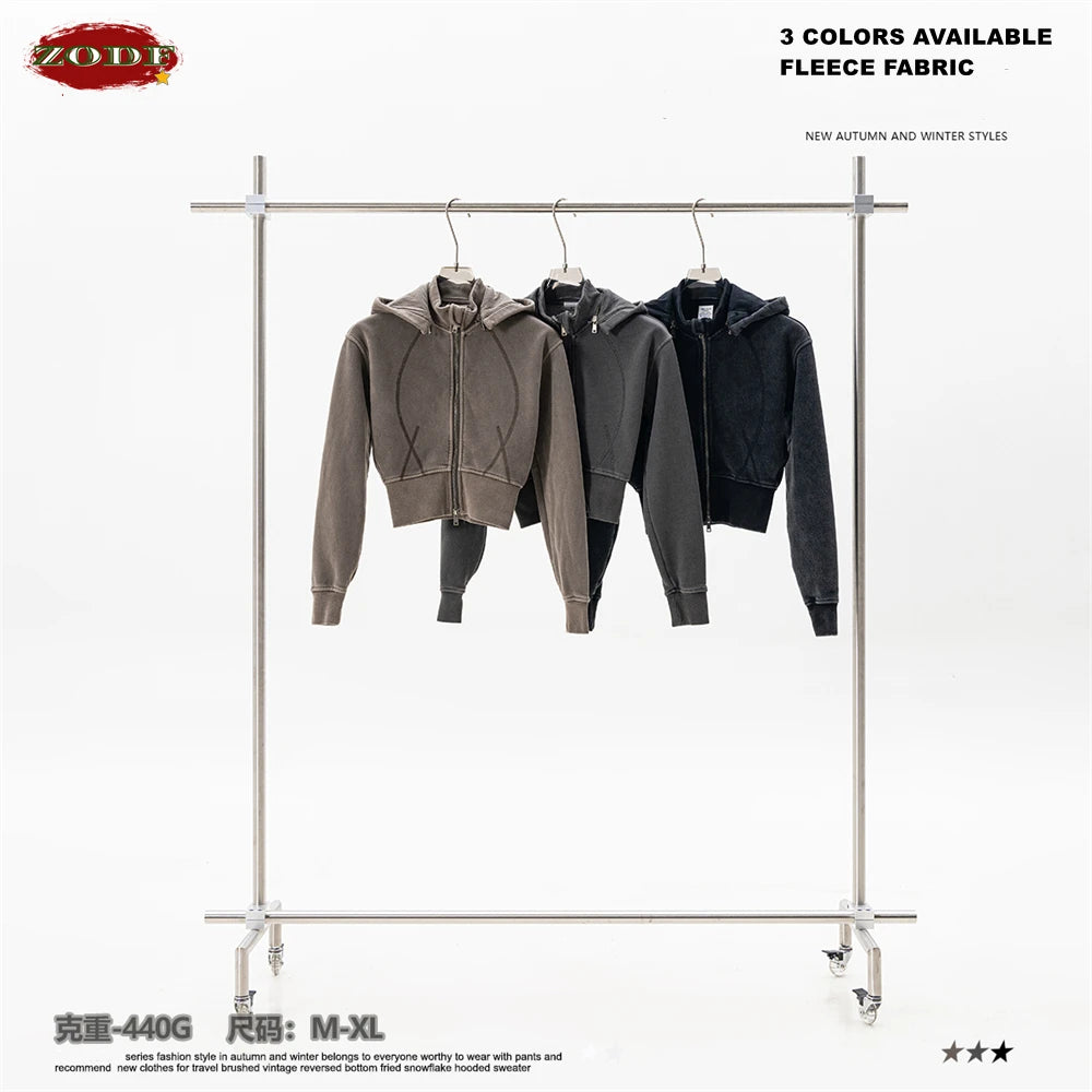 ZODF Vintage 2025 Winter Batik Washed Crop Hoodies Female Girls Remove Hood Heavy Weight Sport 400gsm Hooded Coat HY1085