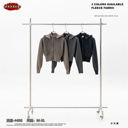 ZODF Vintage 2025 Winter Batik Washed Crop Hoodies Female Girls Remove Hood Heavy Weight Sport 400gsm Hooded Coat HY1085