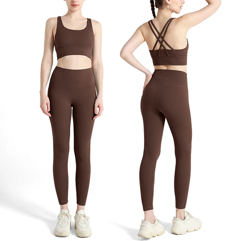 2024 Women’s 2 Piece Yoga Tracksuit Quick Dry Breathable Fitness Set Sports Bra and Leggings - Chestnut / S