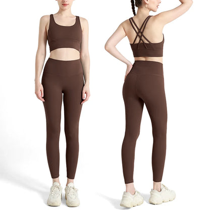 2024 Women’s 2 Piece Yoga Tracksuit Quick Dry Breathable Fitness Set Sports Bra and Leggings - Chestnut / S
