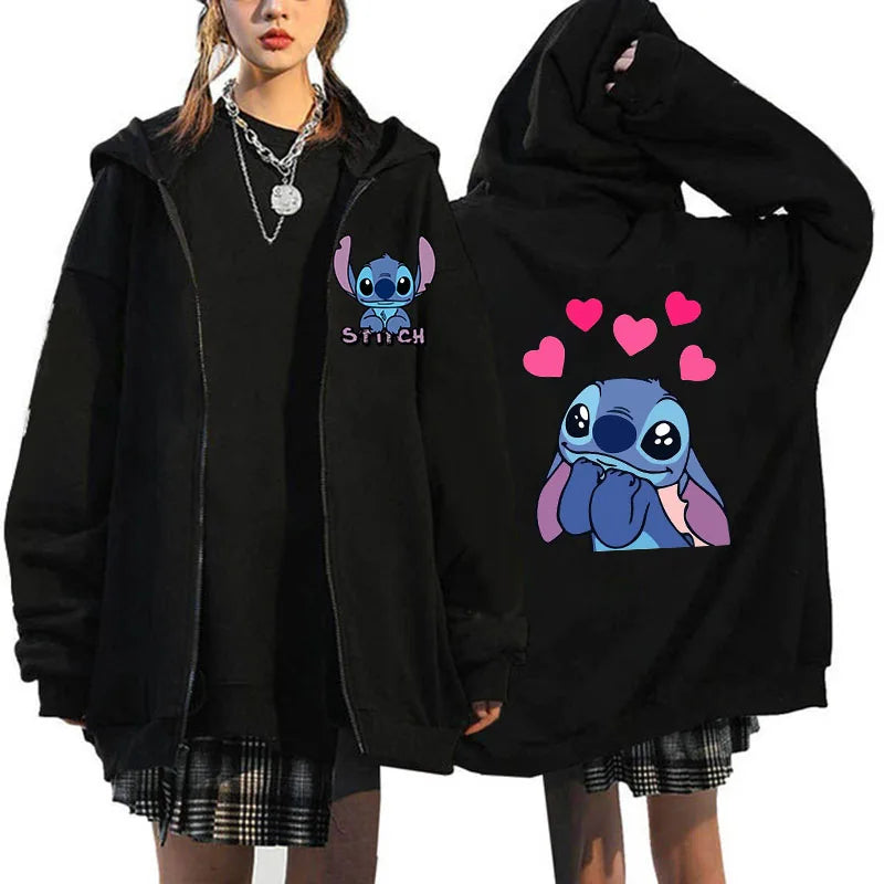 Women's Zip Hoodies Disney Role Play Lilo & Stitch Graphic Print Sweatshirt Winter Outerwear Girls Student College Clothing Tops