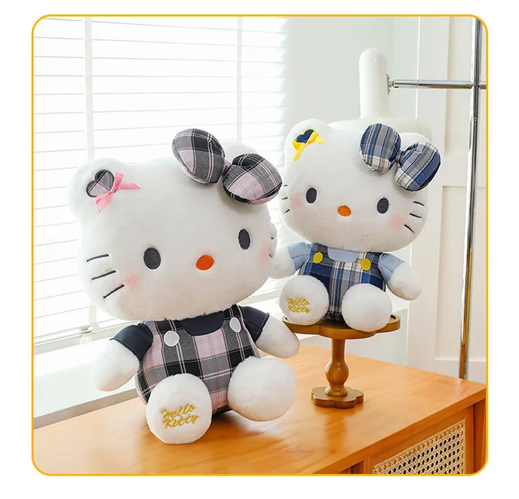 Sanrio Hello Kitty Plush Toy Retro Plaid Skirt Kitty Doll Stuffed Animal Creative Gift for Kids Birthday Christmas Girls Pillow