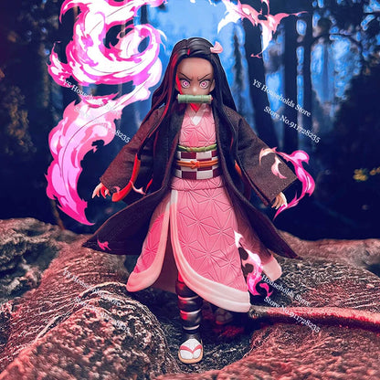 1/12 Figma Agatsuma Zenitsu Mini Orange Windbreaker Shf Kamado Nezuko Black Coat Pink Hemline Coat Toys For 6" Demon Slayer Cos