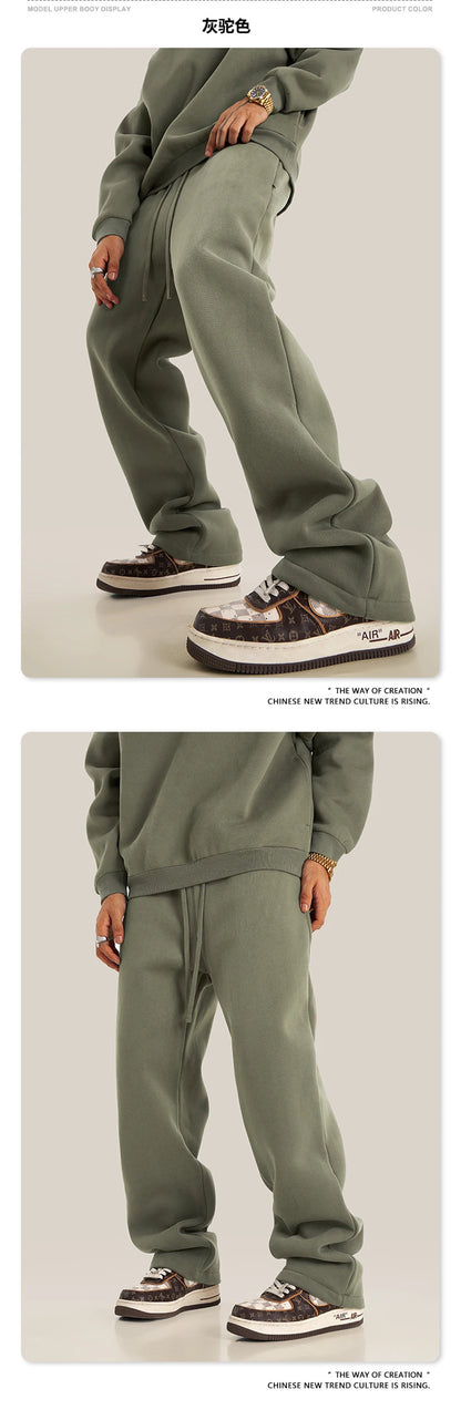 ZODF New Men's Winter Solid 345sm Fleece Straight Pants Unisex Loose Comfortable Sport Zipper Pockets Trousers HY0868