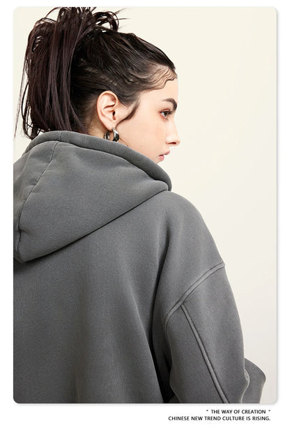 ZODF Retro 2025 Winter Women Short Zipper Hoodies Female Girls Loose 355gsm Thick Fleece Hooded Zip-up Coat Streetwears HY0448