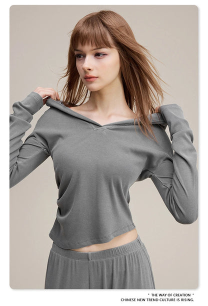 ZODF Sexy Women Autumn Washed 275gsm Hooded T Shirt Ladies Girls Slim Fit Distressed Side Pleated T-Shirts Tees HY1149