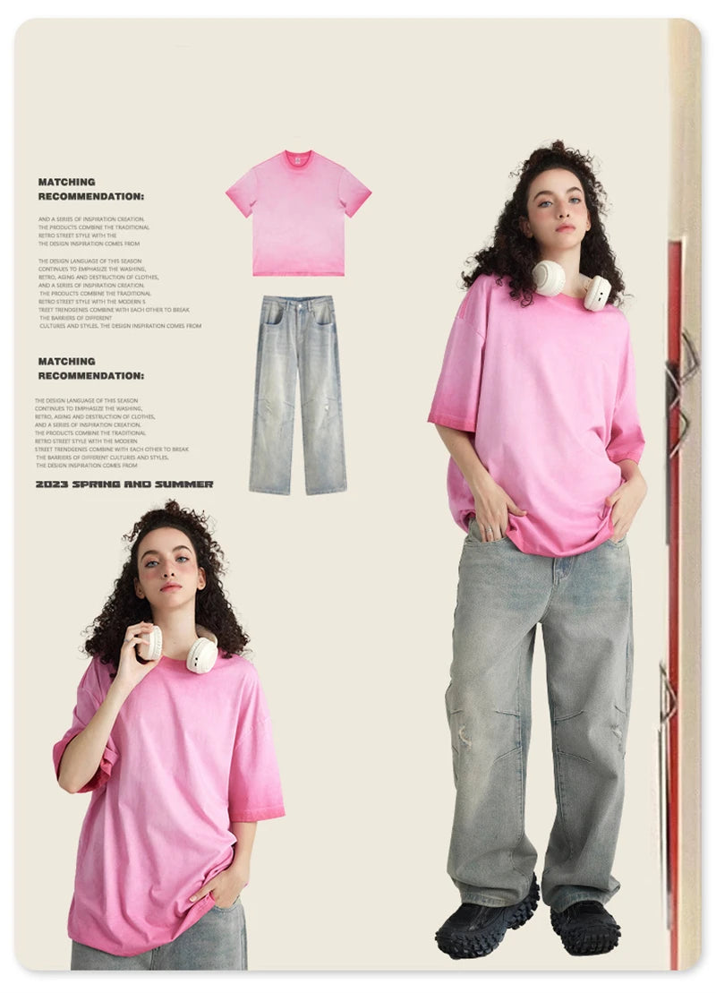 ZODF 2023 Men's Summer 255G Wash Gradient Fried Cotton T Shirt Round Neck Short Sleeve American Retro Loose T-Shirt HY0547