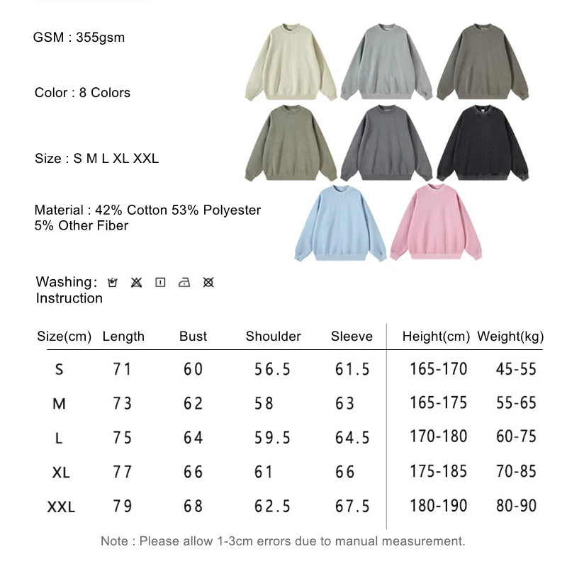 ZODF New Men Winter 355gsm Washed Fleece Sweatshirts Retro Unisex Oversized Solid O-Neck Warm Pullovers Coat Streetwears HY0639