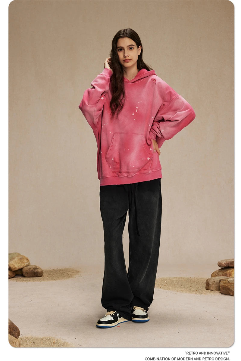 ZODF Autumn Winter Spray Dyeing Ink Splashing Hoodies For Men Unisex 450gsm Washed Oversized Knitted Hooded Pullovers HY0908