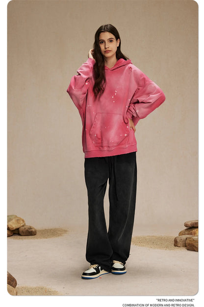 ZODF Autumn Winter Spray Dyeing Ink Splashing Hoodies For Men Unisex 450gsm Washed Oversized Knitted Hooded Pullovers HY0908