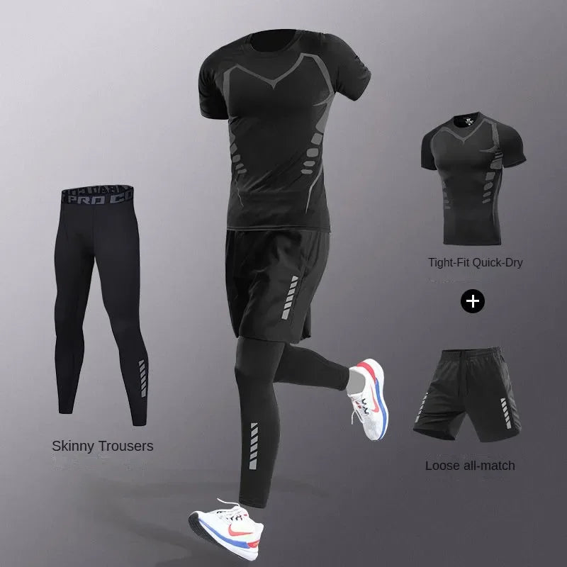 3-7pcs Men’s Ice Fiber Quick-Dry Running Fitness Tracksuit Full Set for Marathon Training Cycling Jogging Gym