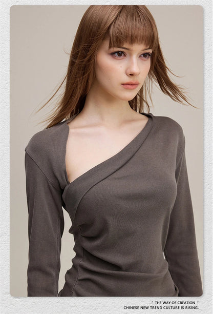 ZODF Retro Sexy Women Autumn Washed 275gsm T Shirt Ladies Girls Distressed Side Pleated Full Sleeve T-Shirts Tees HY1107