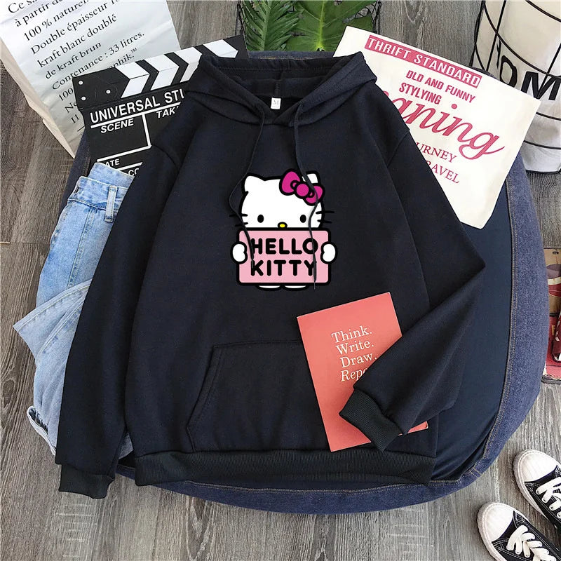 2025 New Casual Women's Sweatshirts Sanrio Hello Kitty Kawaii Tops for Women Cute Hoodies Fashion Harajuku Long Sleeves Plus Siz