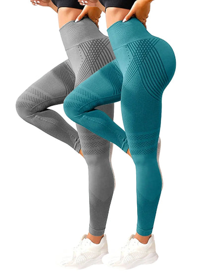 2 Pieces Women’s Push Up Workout Leggings Seamless Scrunch Butt Gym Pants - Grey Green / S