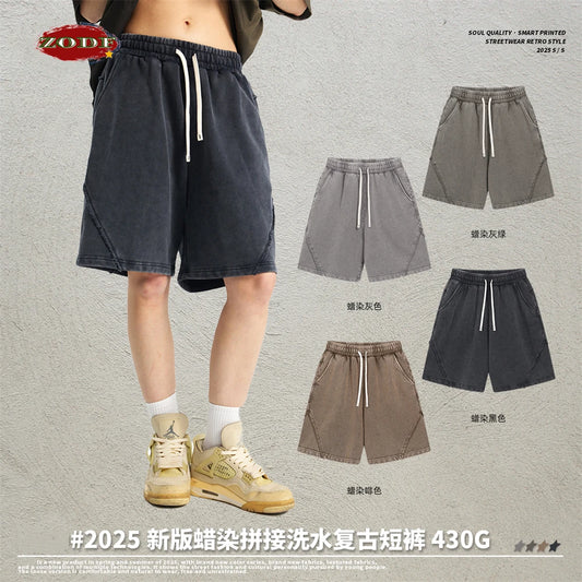 ZODF Retro Men Heavy-Weight Washed 430gsm Shorts Unisex High Street Patchwork Summer Distressed Cotton Shorts HY1035
