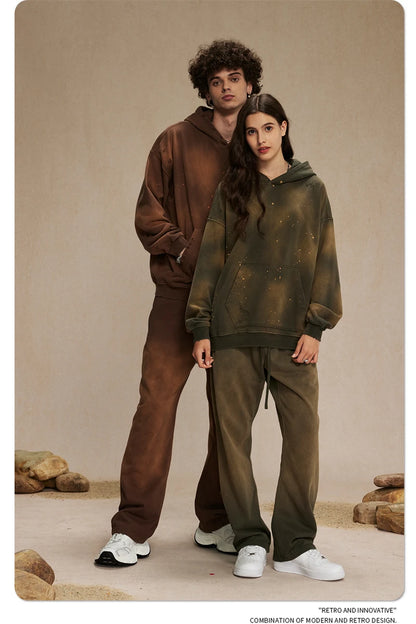 ZODF Autumn Winter Spray Dyeing Ink Splashing Hoodies For Men Unisex 450gsm Washed Oversized Knitted Hooded Pullovers HY0908