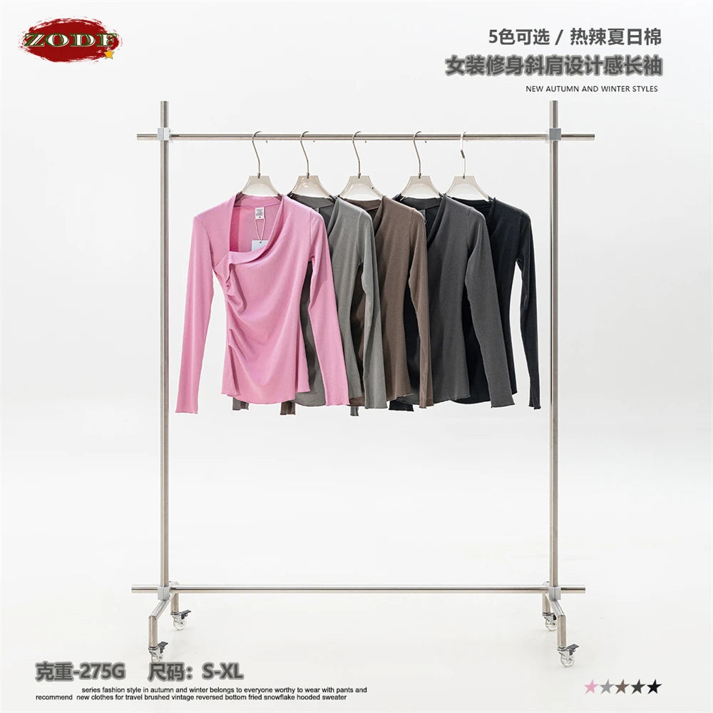 ZODF Retro Sexy Women Autumn Washed 275gsm T Shirt Ladies Girls Distressed Side Pleated Full Sleeve T-Shirts Tees HY1107