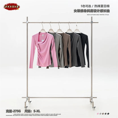 ZODF Retro Sexy Women Autumn Washed 275gsm T Shirt Ladies Girls Distressed Side Pleated Full Sleeve T-Shirts Tees HY1107