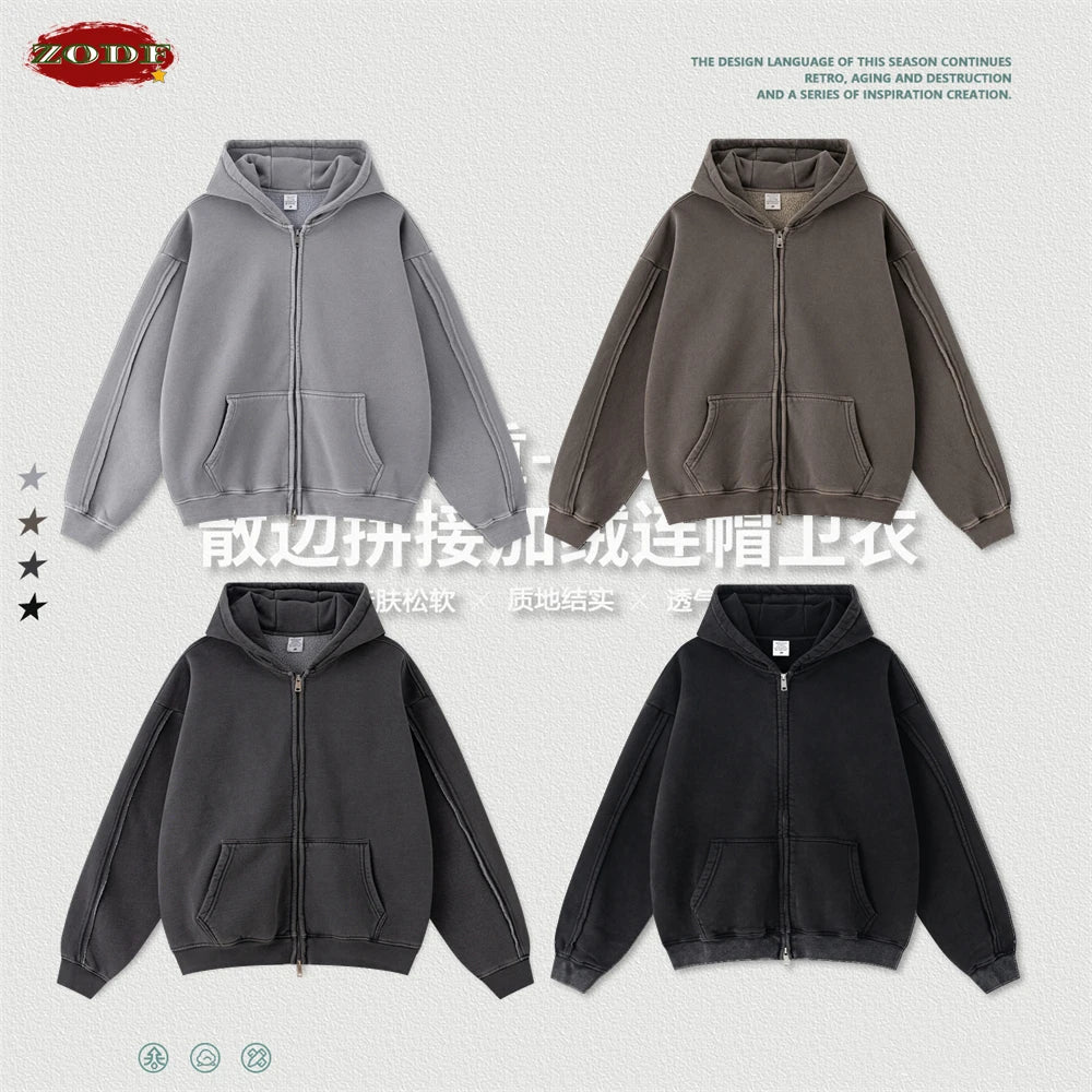 ZODF Retro 2025 Autumn Winter Unisex Zipper Fleece Hoodie 400gsm Washed Batik Warm Hooded Coat HY1084