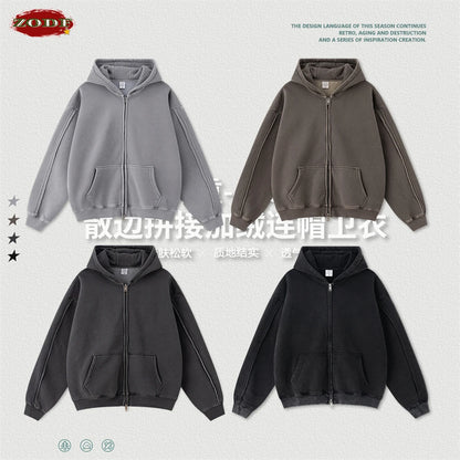 ZODF Retro 2025 Autumn Winter Unisex Zipper Fleece Hoodie 400gsm Washed Batik Warm Hooded Coat HY1084
