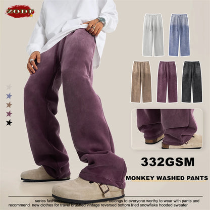 ZODF Retro Winter Monkey Washed Fleece Pants For Men Unisex Washed High Street 332gsm Warm Oversized Straight Trousers HY0892