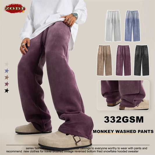 ZODF Retro Winter Monkey Washed Fleece Pants For Men Unisex Washed High Street 332gsm Warm Oversized Straight Trousers HY0892
