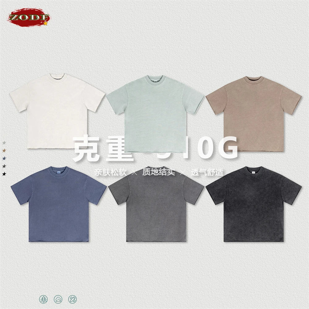 ZODF Retro 2024 Summer Men Washed Cotton T-Shirts  Unisex Women 310gsm Distressed Hem Loose Edge T Shirt Brand Tees HY0808